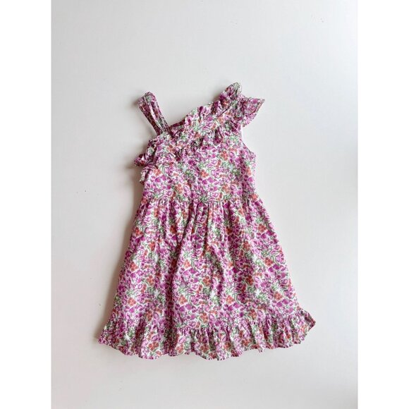 Girls' JANIE AND JACK Pink Floral Cotton Poplin Ruffle Asymmetric Dress, Size 5Y - Picture 1 of 10
